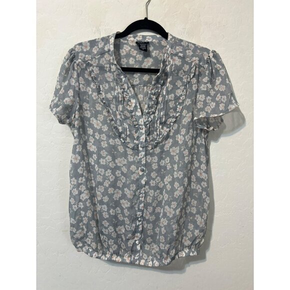 Torrid Sz 00 (US 10 M/L) Soft Grey Pink Floral Ditsy Gathered Waist Blouse Butto - Picture 1 of 7